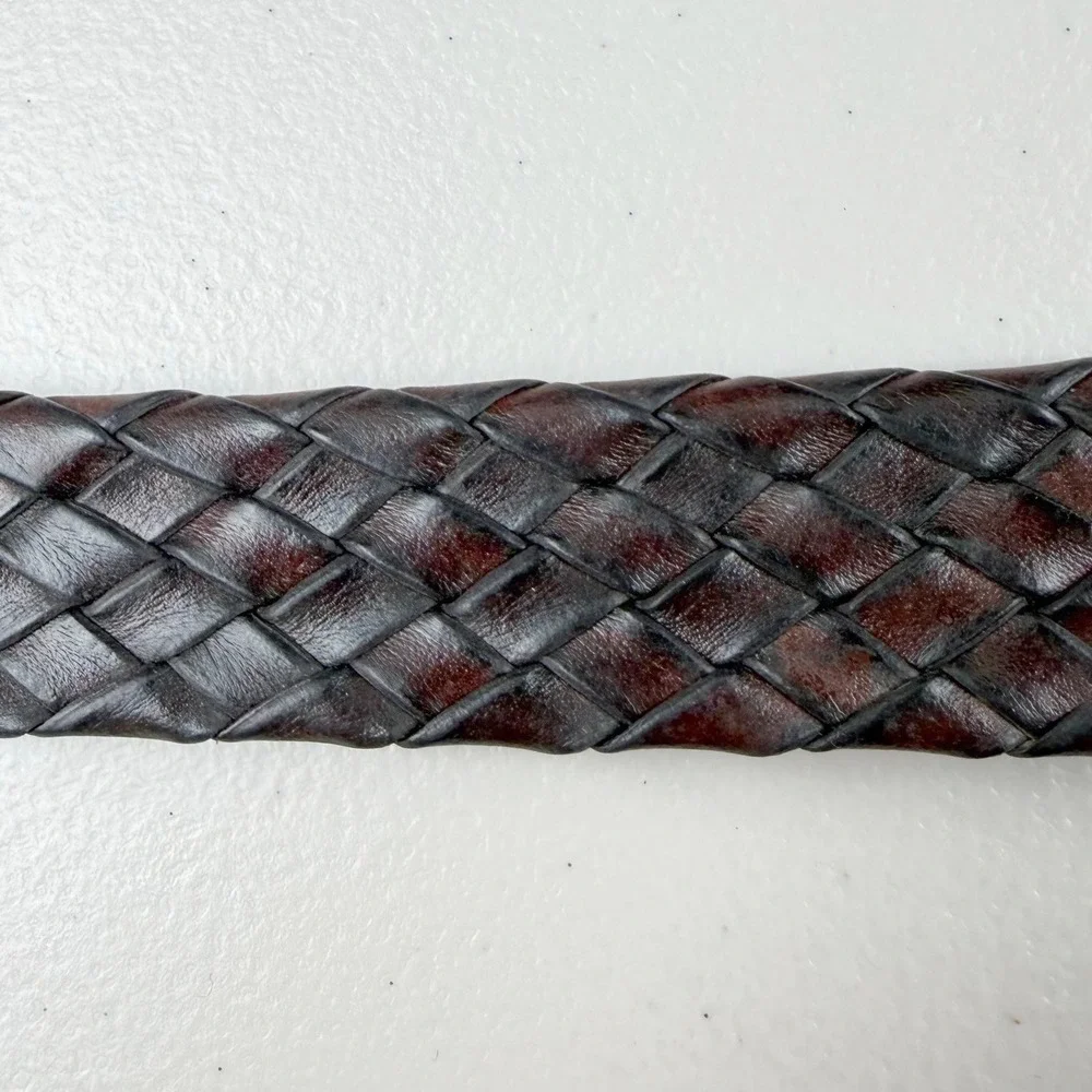 Brown Braided Leather Belt Solid Brass Buckle Woven 38 Mens Classic Mahogany‎